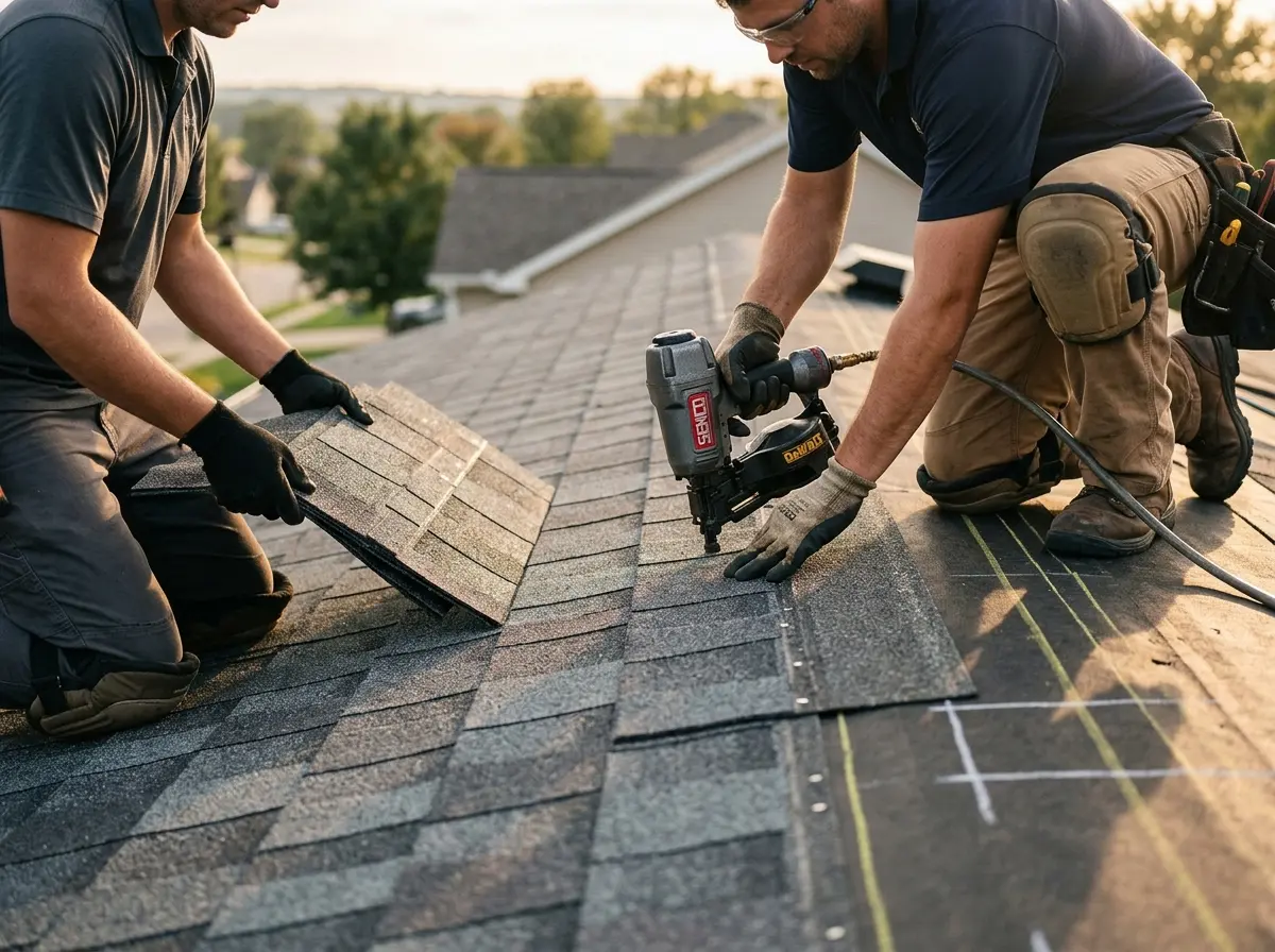 Professional roofer working on a residential roof in Endicott